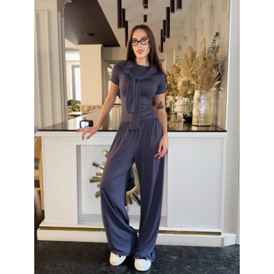 Жіночий віскозний костюм-трійка Skims 824-1628 onesize 42–46: футболка, лонгслів з прорізами для пальців і штани палаццо (синій/меланж/графіт/чорний/шоколад/білий)