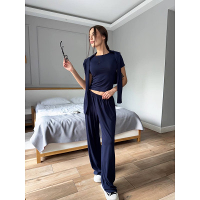 Жіночий віскозний костюм-трійка Skims 824-1628 onesize 42–46: футболка, лонгслів з прорізами для пальців і штани палаццо (синій/меланж/графіт/чорний/шоколад/білий)