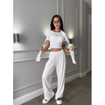 Жіночий віскозний костюм-трійка Skims 824-1628 onesize 42–46: футболка, лонгслів з прорізами для пальців і штани палаццо (синій/меланж/графіт/чорний/шоколад/білий)