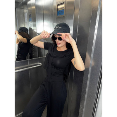 Жіночий віскозний костюм-трійка Skims 824-1628 onesize 42–46: футболка, лонгслів з прорізами для пальців і штани палаццо (синій/меланж/графіт/чорний/шоколад/білий)