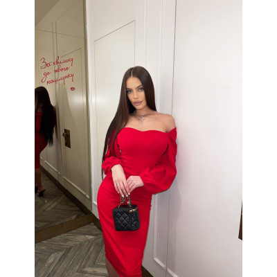 Сукня-міді EleganceDrape 824-1347 приталена зі зборками на плечах з щільного крепдайвінгу — чорна або червона, розміри 42-44/44-46