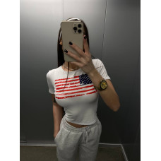 Біла віскозна футболка з принтом USA, щільна турецька віскоза, onesize 42-46, модель 824-1706