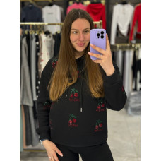 Худі CherryGlow з блискучим принтом вишень на флісі, турецька тринить — білий/чорний/коричневий/меланж/графіт, модель 1550-2519