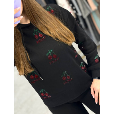 Худі CherryGlow з блискучим принтом вишень на флісі — турецька тринить, модель 1550-2519 (білий/чорний/коричневий/меланж/графіт)