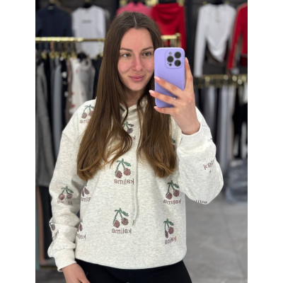 Худі CherryGlow з блискучим принтом вишень на флісі — турецька тринить, модель 1550-2519 (білий/чорний/коричневий/меланж/графіт)