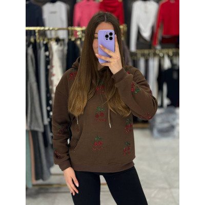 Худі CherryGlow з блискучим принтом вишень на флісі — турецька тринить, модель 1550-2519 (білий/чорний/коричневий/меланж/графіт)