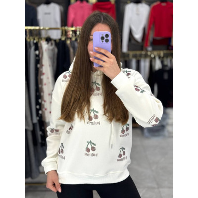 Худі CherryGlow з блискучим принтом вишень на флісі — турецька тринить, модель 1550-2519 (білий/чорний/коричневий/меланж/графіт)