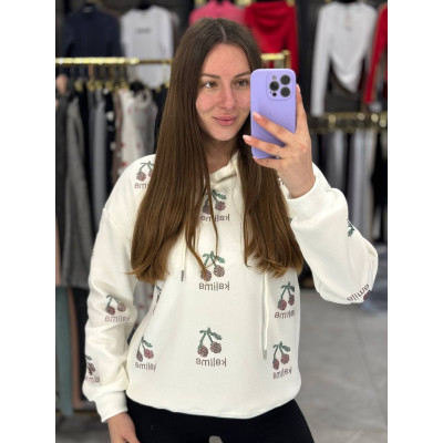 Худі CherryGlow з блискучим принтом вишень на флісі — турецька тринить, модель 1550-2519 (білий/чорний/коричневий/меланж/графіт)