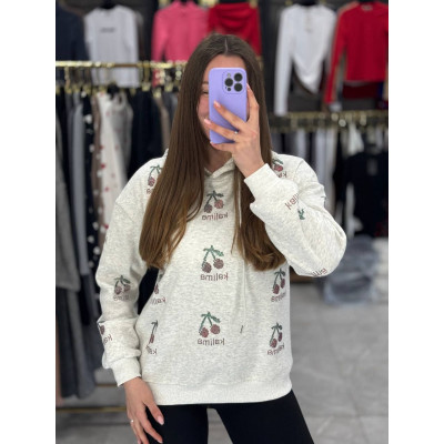 Худі CherryGlow з блискучим принтом вишень на флісі — турецька тринить, модель 1550-2519 (білий/чорний/коричневий/меланж/графіт)