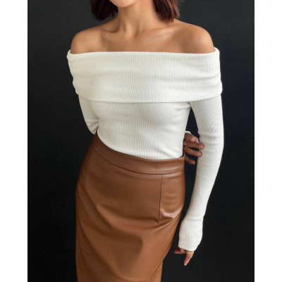 Топ Aurora Off-Shoulder Rib Mustang з підворотом 824-1523 — чорний/білий, відкриті плечі, рубчик
