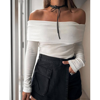 Топ Aurora Off-Shoulder Rib Mustang з підворотом 824-1523 — чорний/білий, відкриті плечі, рубчик