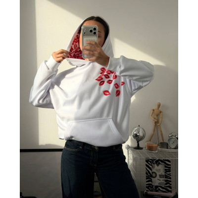 1530-235 Білий худі Unisex Oversize KissPrint на флісі з рібаною — теплий оверсайз для неї та нього