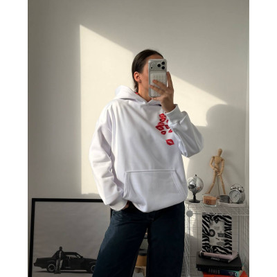 1530-235 Білий худі Unisex Oversize KissPrint на флісі з рібаною — теплий оверсайз для неї та нього