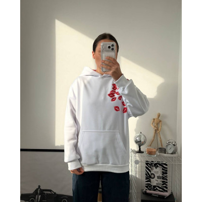 1530-235 Білий худі Unisex Oversize KissPrint на флісі з рібаною — теплий оверсайз для неї та нього