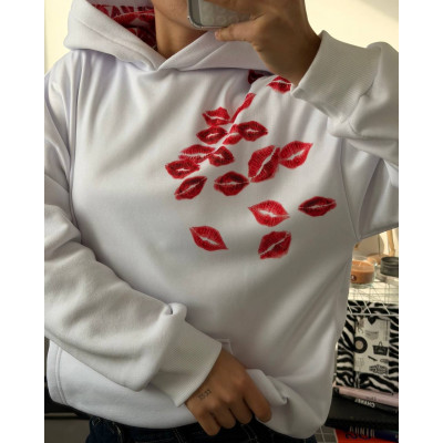 1530-235 Білий худі Unisex Oversize KissPrint на флісі з рібаною — теплий оверсайз для неї та нього