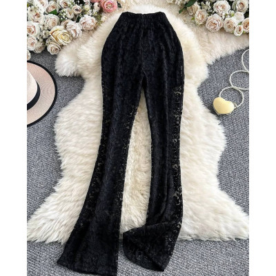 1530-219 «LaceFlare Duo» — гіпюрові штани-кльош з високою талією та стрейч-шортиками, чорні/білі