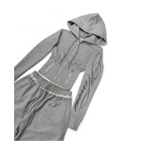 1530-293 GreyMelange ZipHood Oversize — жіночий спортивний костюм сірий меланж, двонитка люкс, худі на блискавці з капюшоном, штани оверсайз зі фіксаторами та кишенями на змійці, принт-накатка