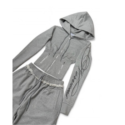 Жіночий спортивний костюм 1530-293 GreyMelange Oversize з худі на блискавці та штанами оверсайз — сірий меланж, двонитка люкс, кишені на змійці, принт-накатка