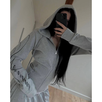 Жіночий спортивний костюм 1530-293 GreyMelange Oversize з худі на блискавці та штанами оверсайз — сірий меланж, двонитка люкс, кишені на змійці, принт-накатка
