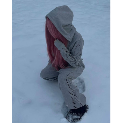 Жіночий спортивний костюм 1530-293 GreyMelange Oversize з худі на блискавці та штанами оверсайз — сірий меланж, двонитка люкс, кишені на змійці, принт-накатка