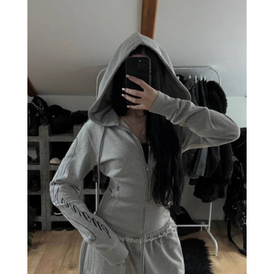 Жіночий спортивний костюм 1530-293 GreyMelange Oversize з худі на блискавці та штанами оверсайз — сірий меланж, двонитка люкс, кишені на змійці, принт-накатка