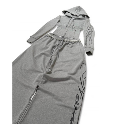 Жіночий спортивний костюм 1530-293 GreyMelange Oversize з худі на блискавці та штанами оверсайз — сірий меланж, двонитка люкс, кишені на змійці, принт-накатка
