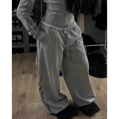 Жіночий спортивний костюм 1530-293 GreyMelange Oversize з худі на блискавці та штанами оверсайз — сірий меланж, двонитка люкс, кишені на змійці, принт-накатка