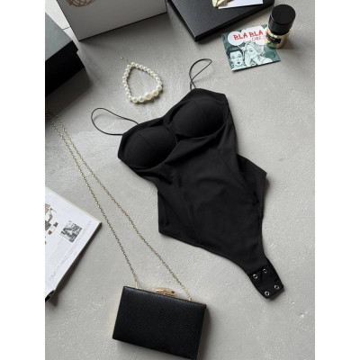 Боді Push-Up 824-1309 «Чорний/Білий» зі знімними щільними чашками, креп-дайвінг, висока посадка та потайна блискавка на спинці