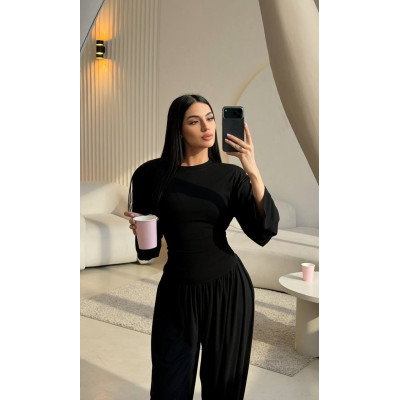 Віскозний костюм-двійка «Corset Fit» з плічками та штанами-трансформерами палаццо/джогери — чорний або світлий меланж 4959-580