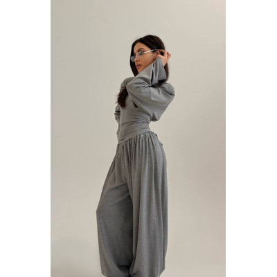 Віскозний костюм-двійка «Corset Fit» з плічками та штанами-трансформерами палаццо/джогери — чорний або світлий меланж 4959-580