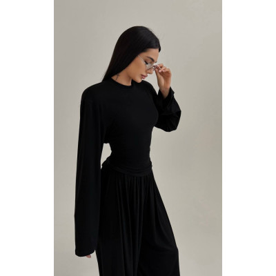 Віскозний костюм-двійка «Corset Fit» з плічками та штанами-трансформерами палаццо/джогери — чорний або світлий меланж 4959-580