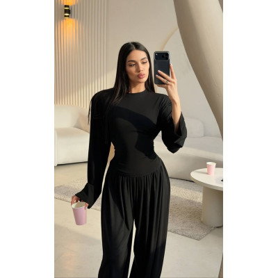 Віскозний костюм-двійка «Corset Fit» з плічками та штанами-трансформерами палаццо/джогери — чорний або світлий меланж 4959-580