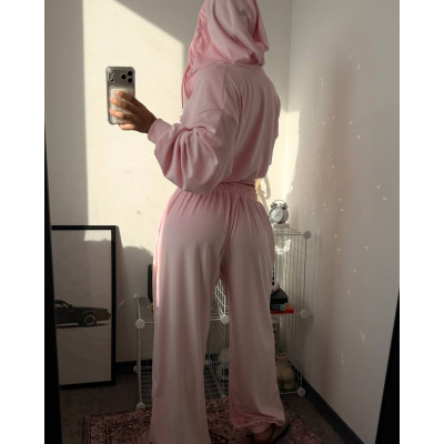 Велюровий оверсайз костюм-трійка Pink/Gray Melange: худі на блискавці, топ і об’ємні штани — Мод 1492-1192