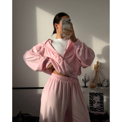 Велюровий оверсайз костюм-трійка Pink/Gray Melange: худі на блискавці, топ і об’ємні штани — Мод 1492-1192