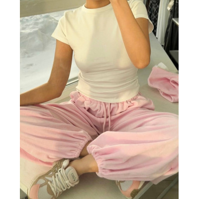 Велюровий оверсайз костюм-трійка Pink/Gray Melange: худі на блискавці, топ і об’ємні штани — Мод 1492-1192