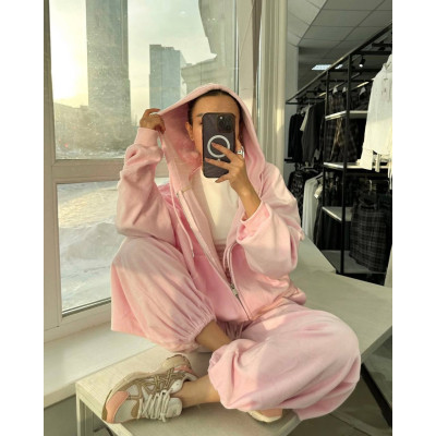 Велюровий оверсайз костюм-трійка Pink/Gray Melange: худі на блискавці, топ і об’ємні штани — Мод 1492-1192