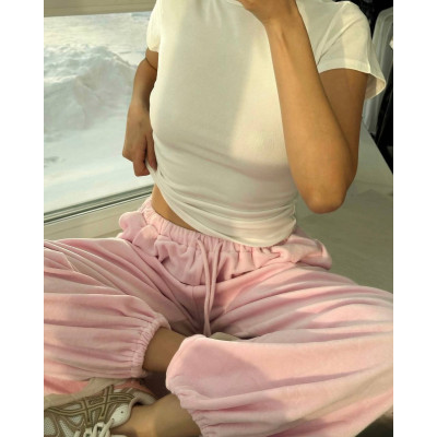 Велюровий оверсайз костюм-трійка Pink/Gray Melange: худі на блискавці, топ і об’ємні штани — Мод 1492-1192