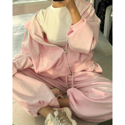 Велюровий оверсайз костюм-трійка Pink/Gray Melange: худі на блискавці, топ і об’ємні штани — Мод 1492-1192