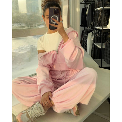 Велюровий оверсайз костюм-трійка Pink/Gray Melange: худі на блискавці, топ і об’ємні штани — Мод 1492-1192