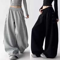 UrbanLace 6220-1953 — широкі oversize штани без утеплення з бічною шнурівкою, двохнитка люкс, чорний/сірий