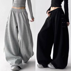 UrbanLace 6220-1953 — широкі oversize штани без утеплення з бічною шнурівкою, двохнитка люкс, чорний/сірий