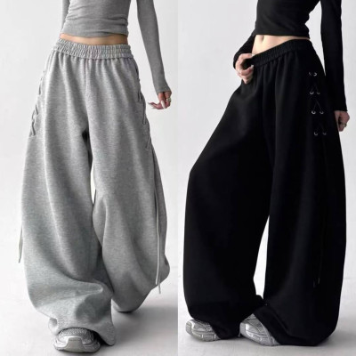 UrbanLace 6220-1953 — широкі oversize штани без утеплення з бічною шнурівкою, двонитка люкс, чорний/сірий