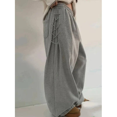 UrbanLace 6220-1953 — широкі oversize штани без утеплення з бічною шнурівкою, двонитка люкс, чорний/сірий