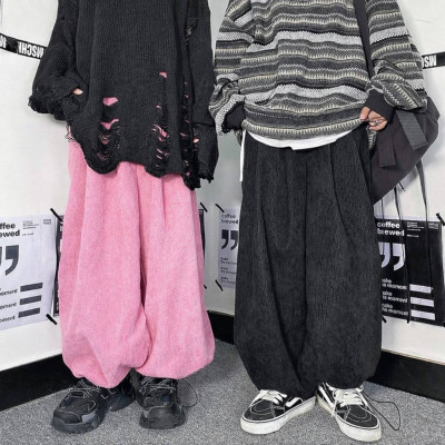 Вельветові oversize штани VelvetVibe з затяжками та кишенями — модель 6220-1856 (барбі, шоколад, синій, чорний, молочний, лімон)
