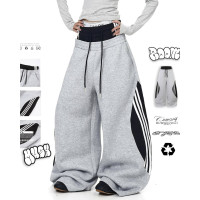 Штани з двохнитки на затяжках UrbanFlow 6220-1881 oversize, чорний/сірий