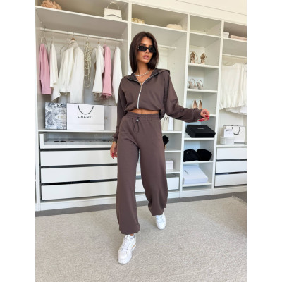 Весняний костюм двунитка «Куліска Fit» — вкорочене худі та штани high waist (рожевий/чорний/меланж/шоколад), арт. 1493-0782