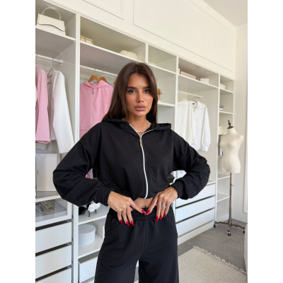 Весняний костюм двунитка «Куліска Fit» — вкорочене худі та штани high waist (рожевий/чорний/меланж/шоколад), арт. 1493-0782