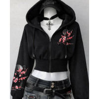 Вкорочене оверсайз худі на блискавці з капюшоном 1530-310 Sakura Zip принт «сакура», двонитка люкс + рібана, кольори: чорний / сірий меланж / молочний