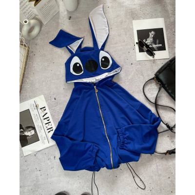ZipHug Stitch Ears 1530-218 — оверсайз зіп‑худі на блискавці з двухнитки люкс, колір електрик