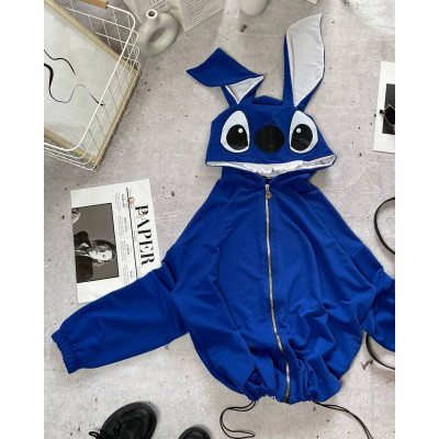 ZipHug Stitch Ears 1530-218 — оверсайз зіп‑худі на блискавці з двухнитки люкс, колір електрик